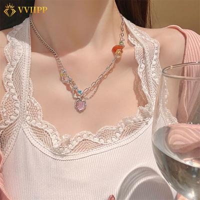 Sweet Pink Heart Necklace Colorful Stone Zircon Silver Chain Choker for Women Jewelry Accessories