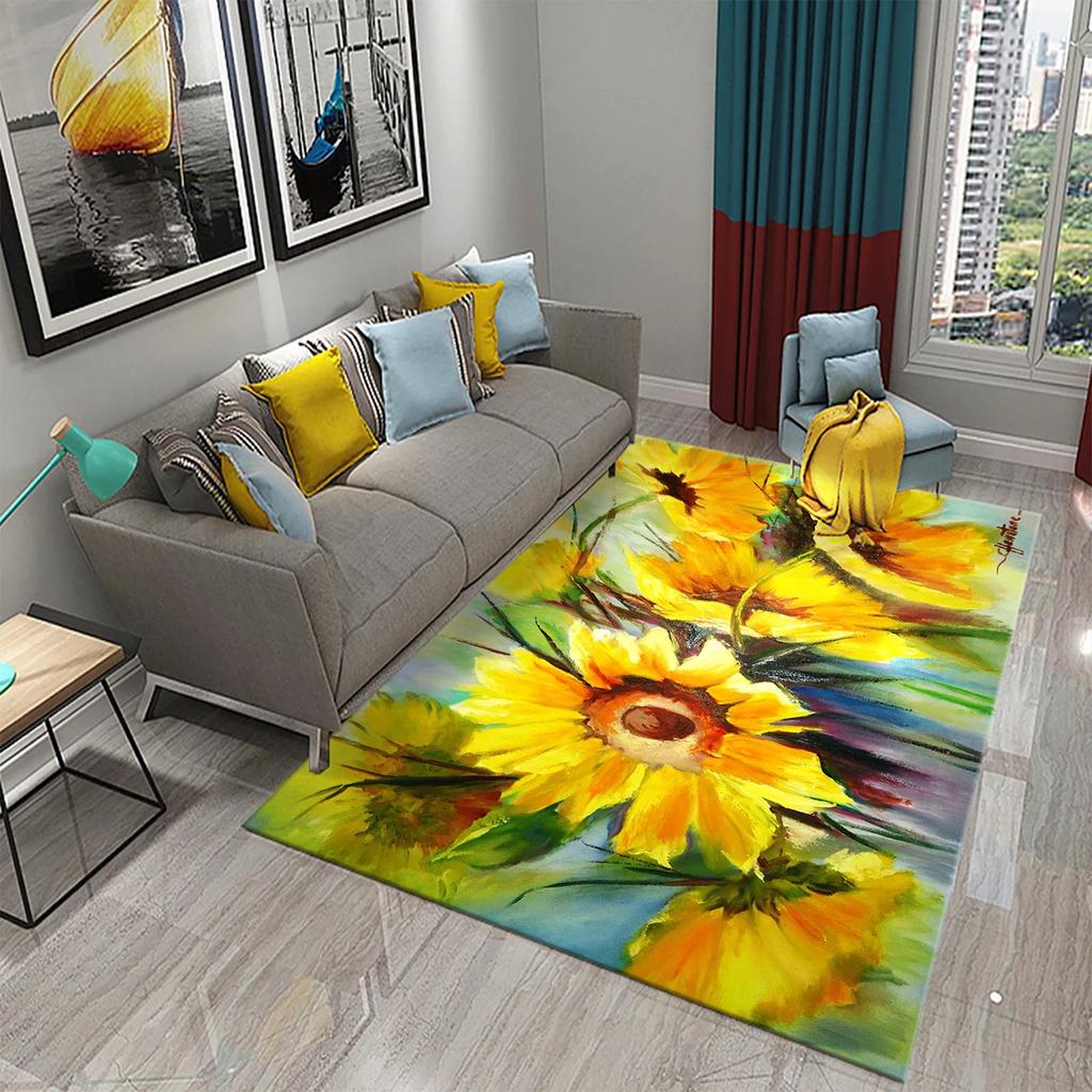 3D Oil Painting Sunflower Carpet for Living Dining Room Bedroom Kitchen Van Gogh Sunflower Nursery Rug Floor Non Slip Area Rug