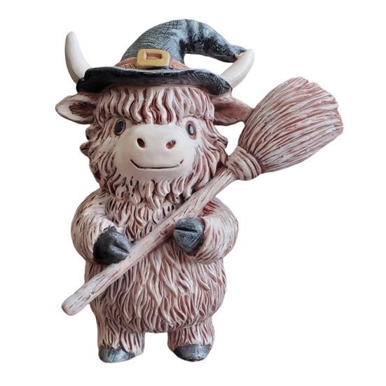 Halloween Highland Cow Resin Figurine Wizard Hat Pumpkin Broom Cattle Statue Sculpture Holiday Party Decoration Ornament