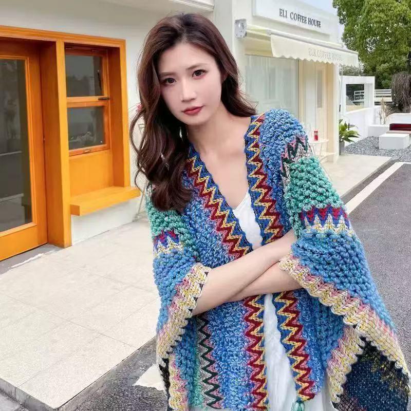 Chal Étnico para Mujer con Borlas - Atuendo de Viaje a la Moda para Primavera y Otoño