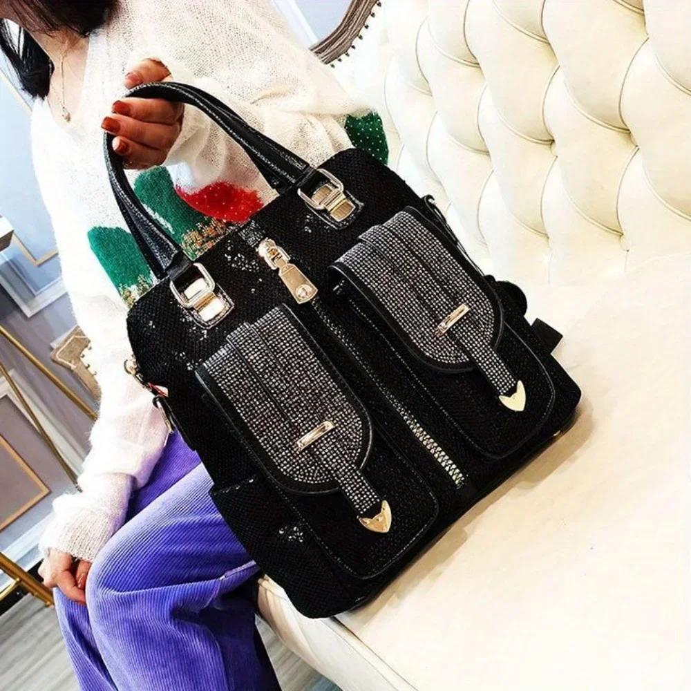 Diamond Sequin Feminine Backpack Multifunctional Shoulder Bag Elegant and Versatile Messenger Bag Casual