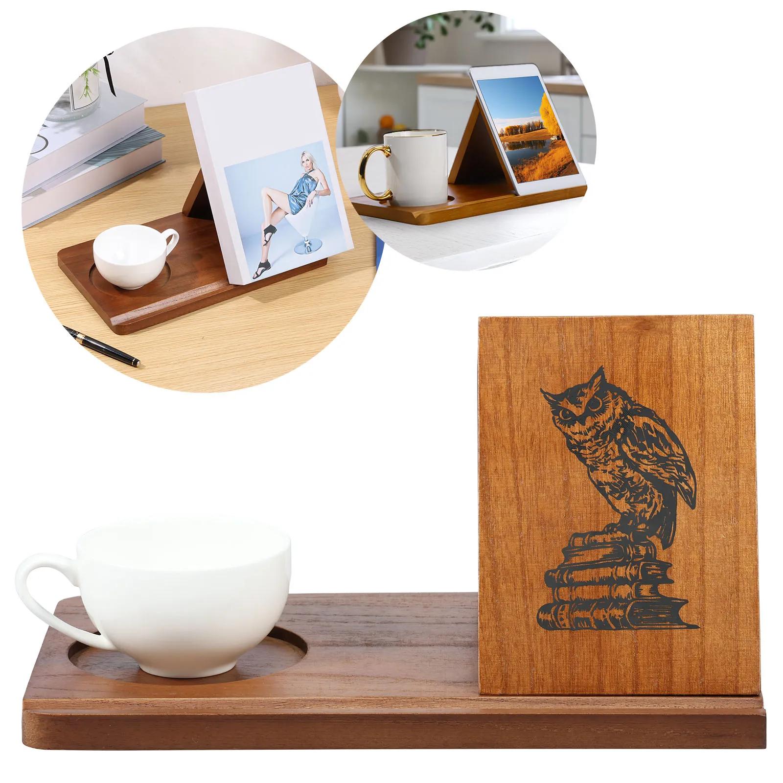 Wooden Triangle Bookshelf Owl Book Stand Book Rest Bookcase With Coffee Drink Holder Multifunctional Bookshelf for Home Reader