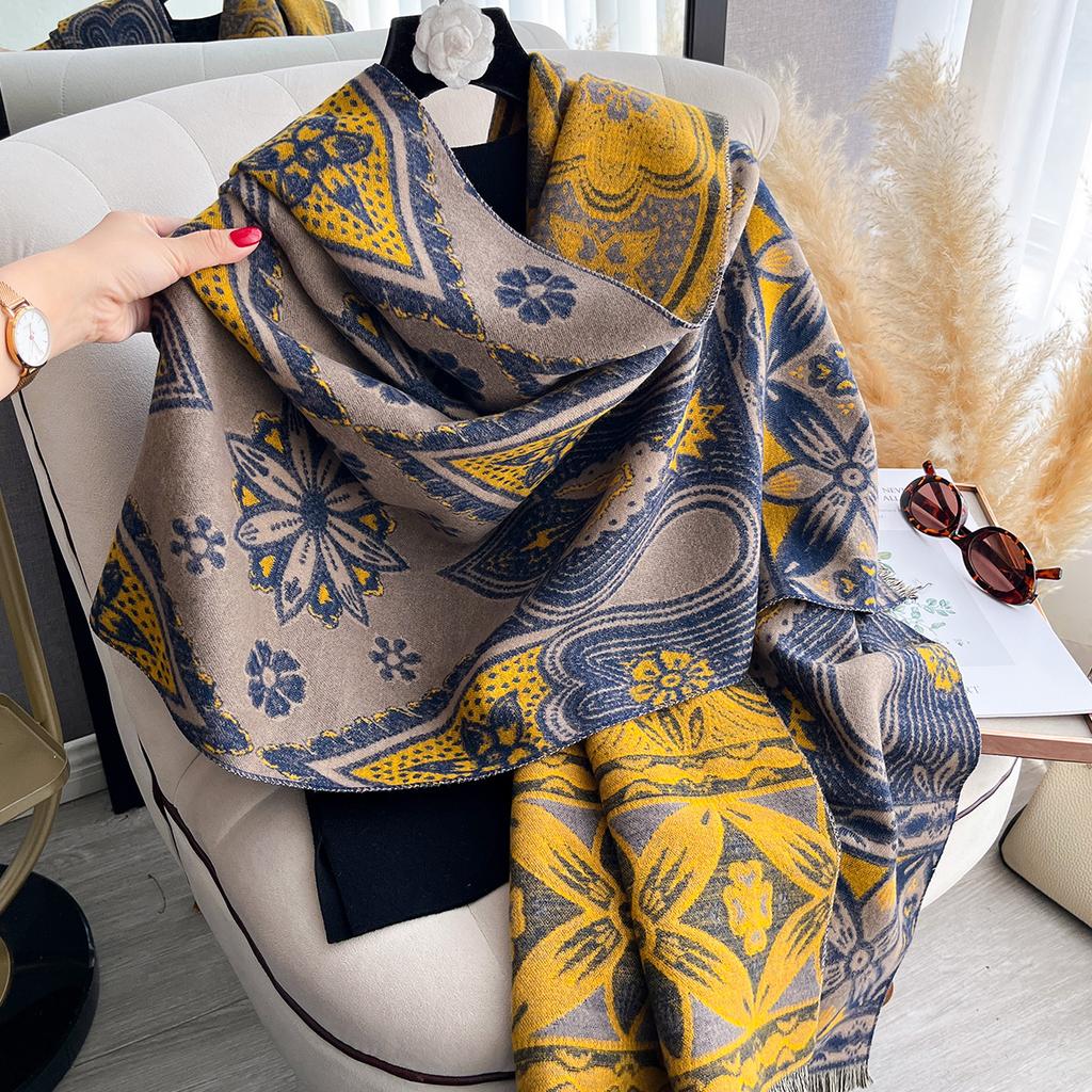 Women Two Sided Flower Print New Scarf Imitation Cashmere Soft Warm Pashmina Shawl Autumn Winter Coldproof Windproof Blanket