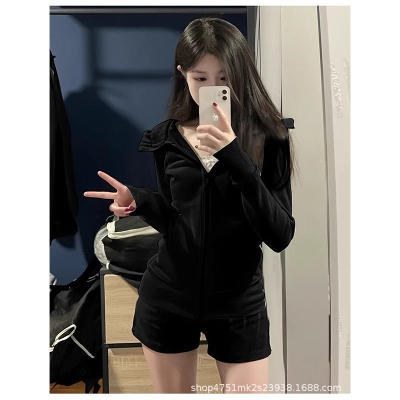 Women's Casual Zip-Up Hoodie Slim Fit Long Sleeve Solid Color Sweatshirt