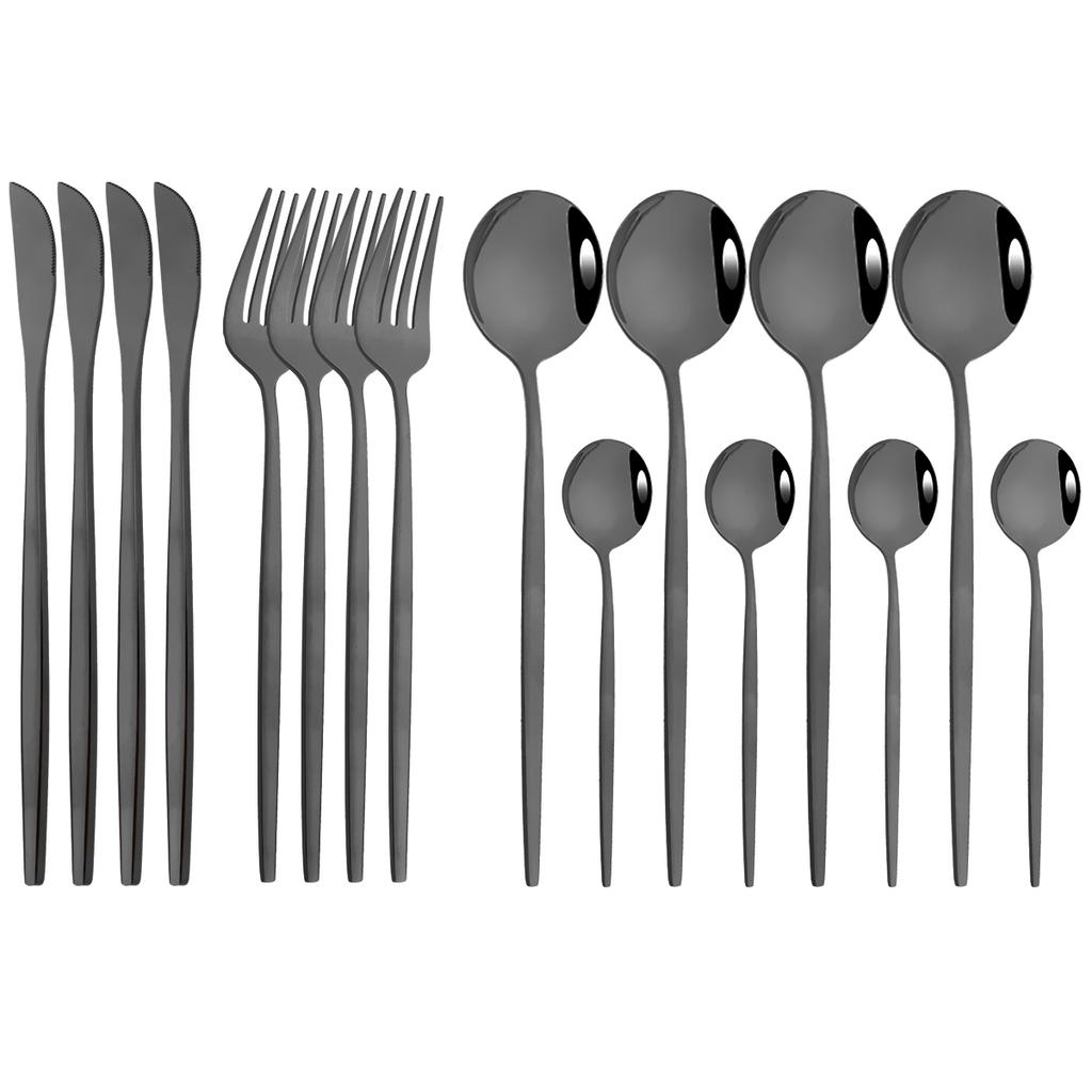16Pcs Dinnerware Set Stainless Steel Tableware Mirror Dinner Black Cutlery Set Knife Fruit Fork Spoon Silverware Kitchen Set