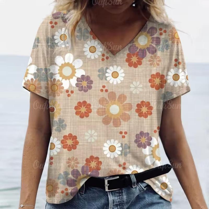 New Floral Print T-shirt for Women Summer V-Neck Casual Short Sleeve Tees Female Loose Streetwear Fashion Daily Clothing Tops Oversized Ladies Tops