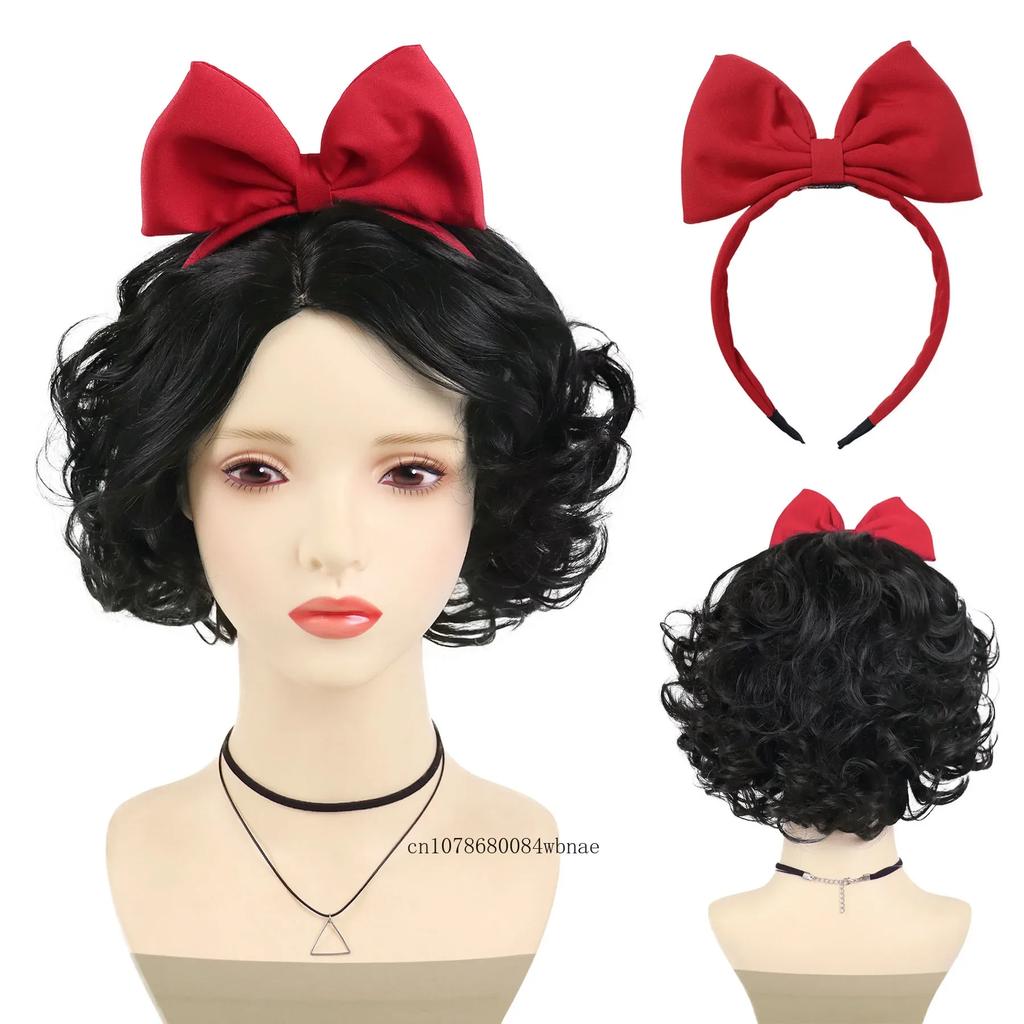 Short Black Curly Synthetic Wig for Women Snow White Cosplay Wigs with Red Bow Costume Anime Wig Halloween Party Heat Resistant