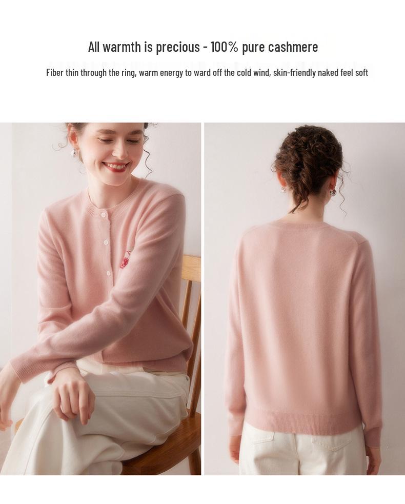 Soft, Skin-Friendly 100% Cashmere Knit Round Neck Cardigan, Single-Breasted Jacquard Commuter Top