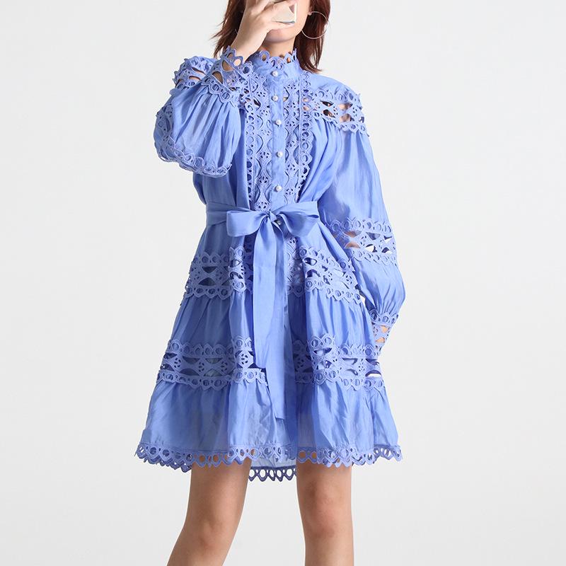 

Элегантная однотонная юбка А-силуэта 2025: Модное женское платье с воротником-стойкой и открытой талией Large синий