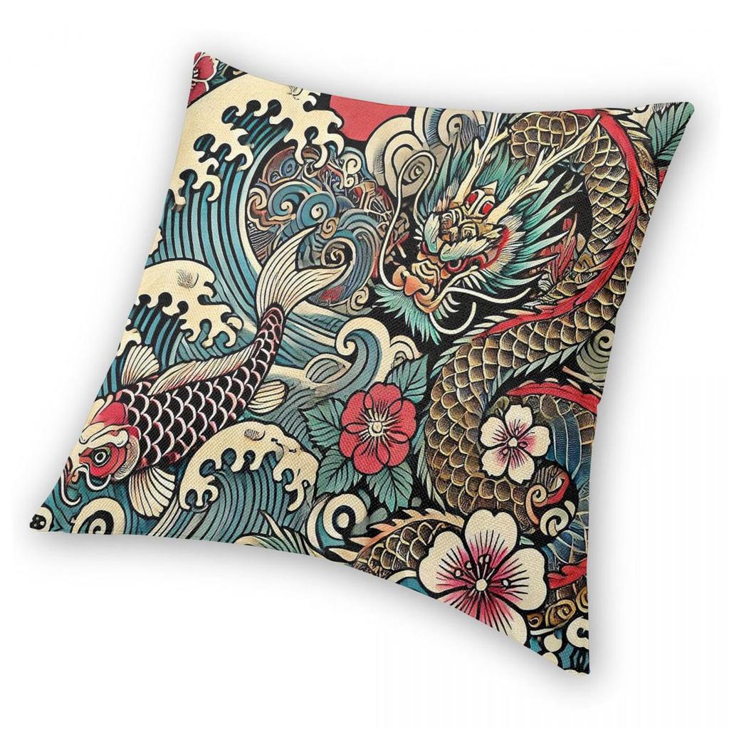 Federa Cuscino Irezumi Giapponese Drago Carpa Poliestere Lino Velluto Fantasia Zip Decorativa Federa Cuscino da Divano Copricuscino da Letto