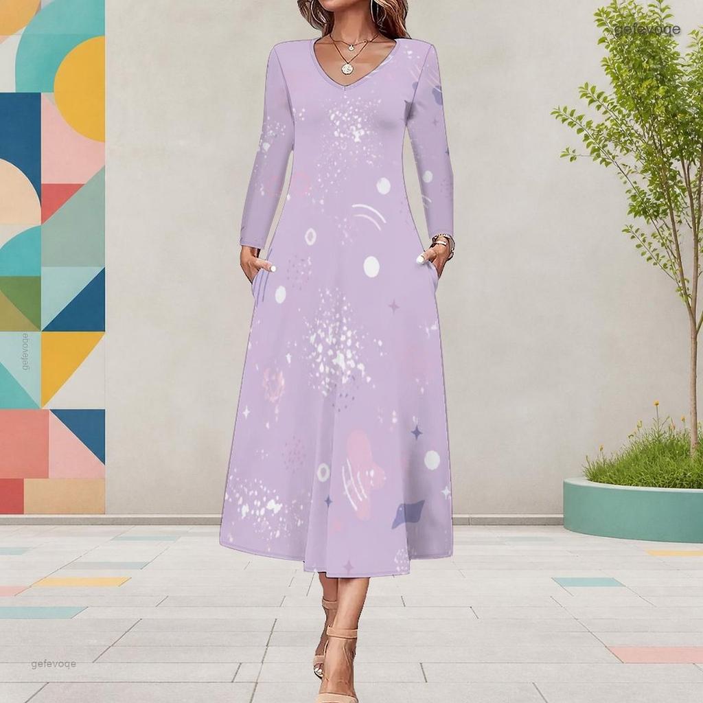 Women Plus Size V Neck Long Sleeve Halloween Printed A Line Midi Dress With Pockets