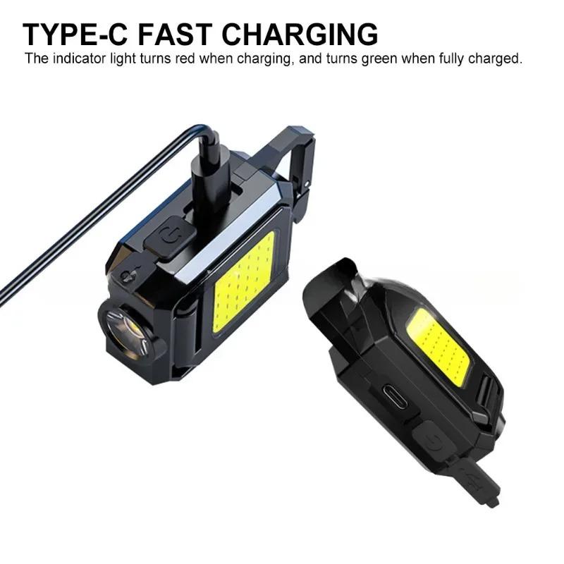 Small LED Flashlight Keychain Light USB Rechargeable Torch Work Light Multifunctional Portable COB 90 ° Rotation Camping Lantern