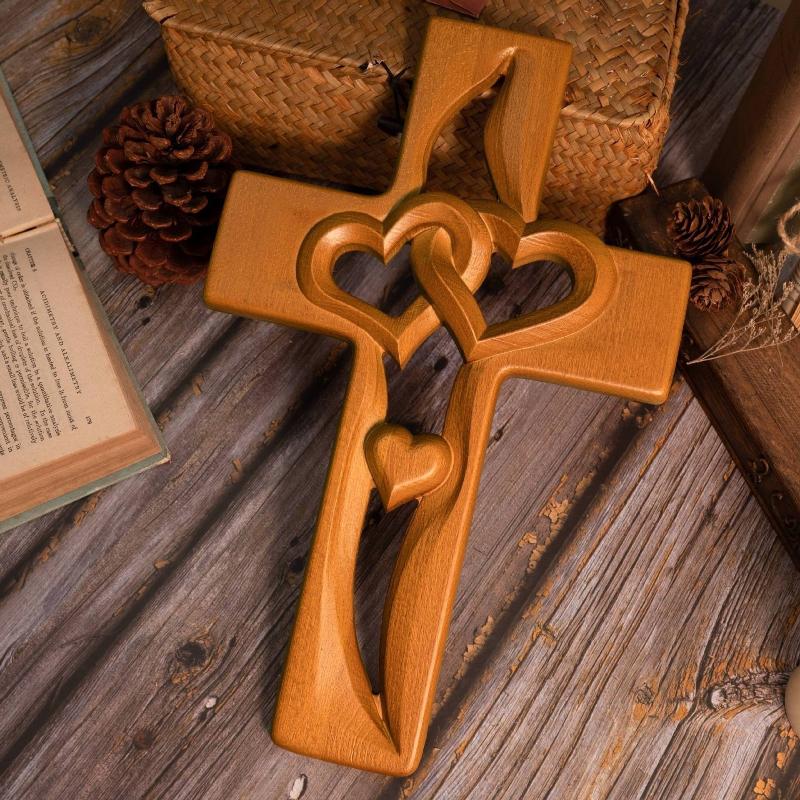 Vintage Handcrafted Wooden Wall Cross Intertwined Heart Design Solid Wood Home Decor Perfect for Wall Hanging Decoration