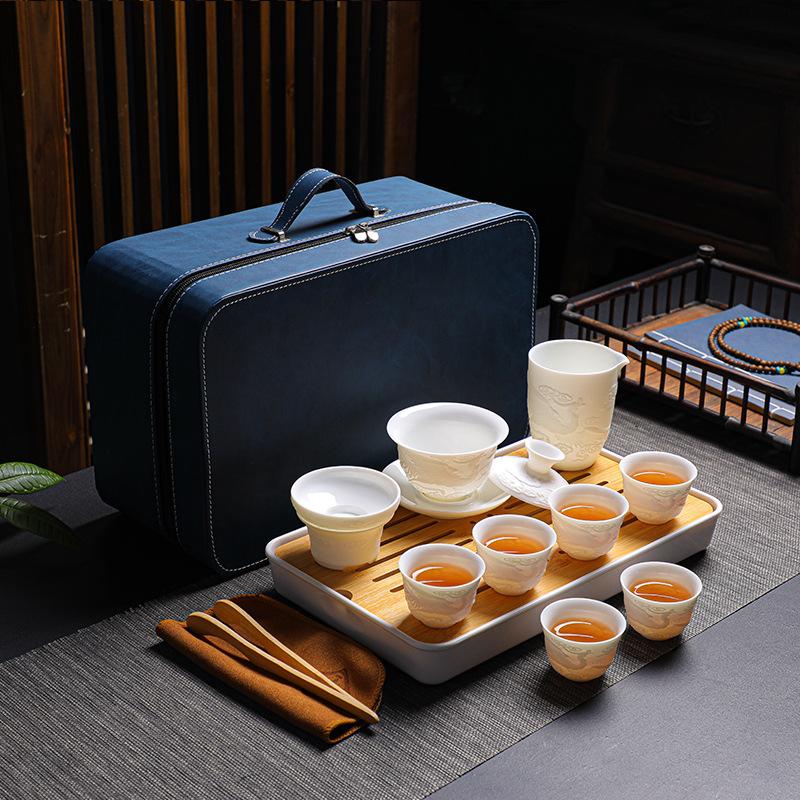 Embossed Suet Jade Ceramic Simple Tea Set Gift Box with Tea Tray Business Gift
