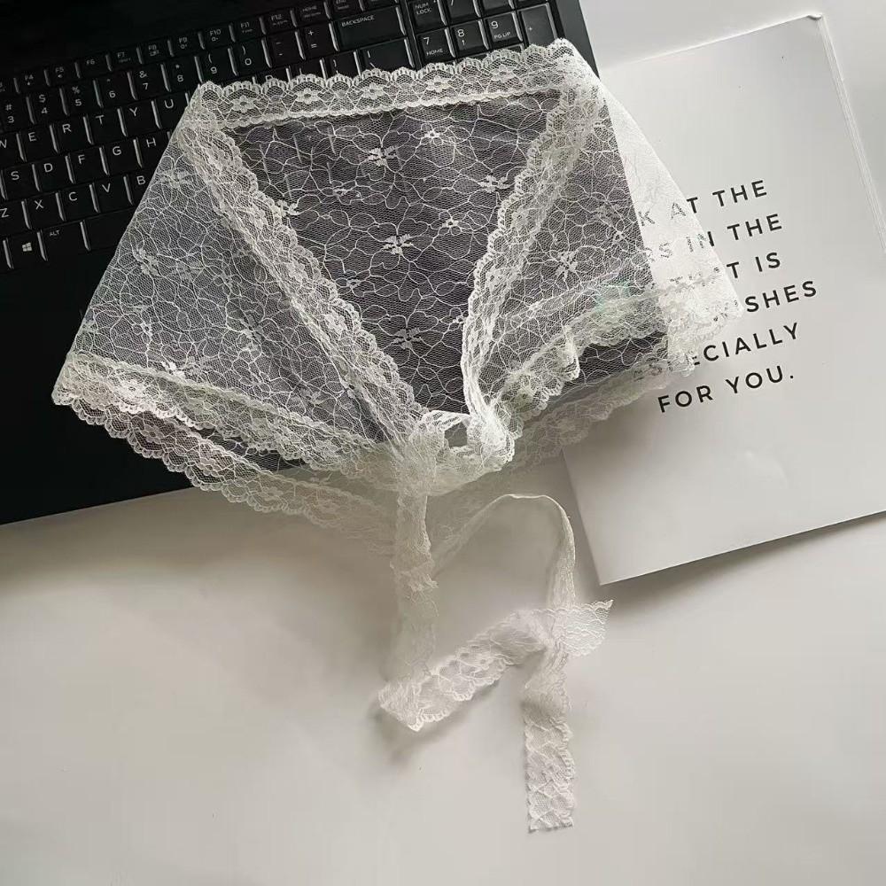Fashion White Woven Floral Lace Hair Scarf Wraps Breathable Sweet Triangle Headscarf Retro Hair Band Photo