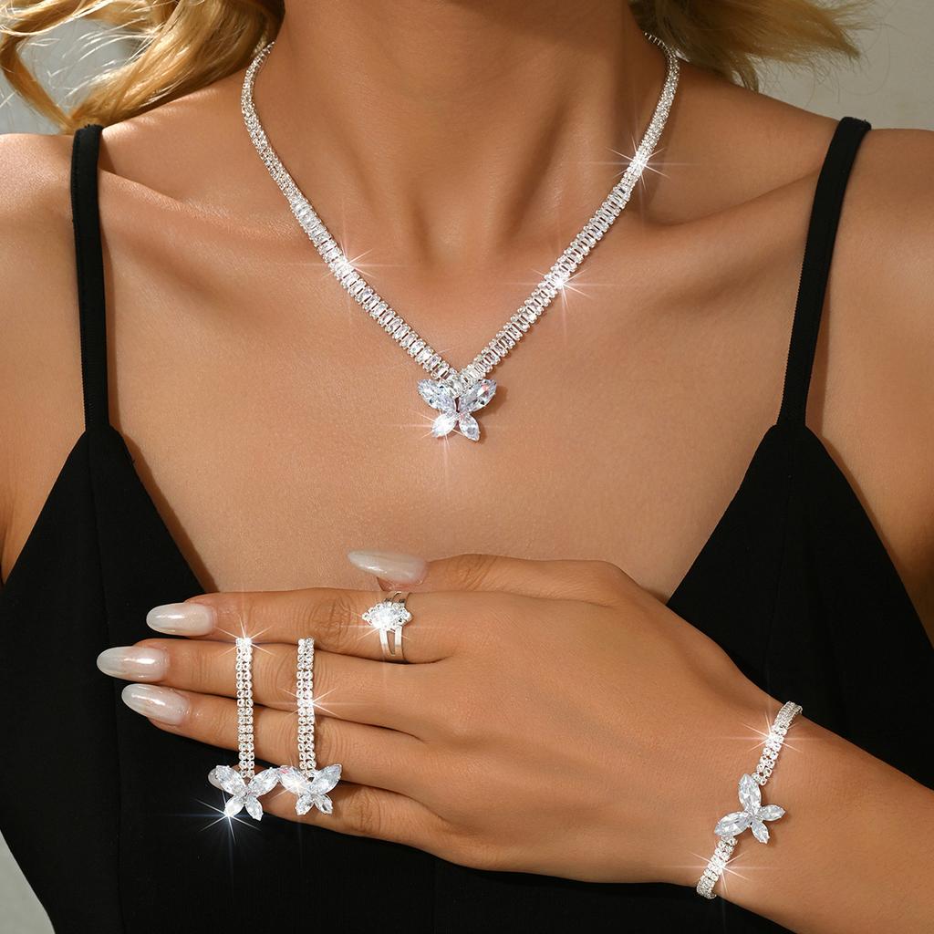 Set Niche Butterfly Zircon Wedding Necklace Bridal Earrings Jewelry Banquet Jewelry Collarbone Chain Women
