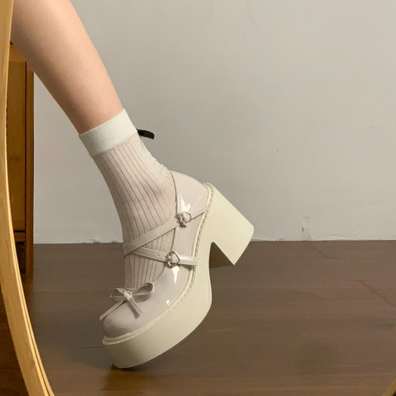 Dámské boty 2024 Nová móda Kulatá špička Dámské vysoké podpatky Podzim Mašle Spona Jednobarevné Šaty Silná podrážka Silný podpatek Lodičky