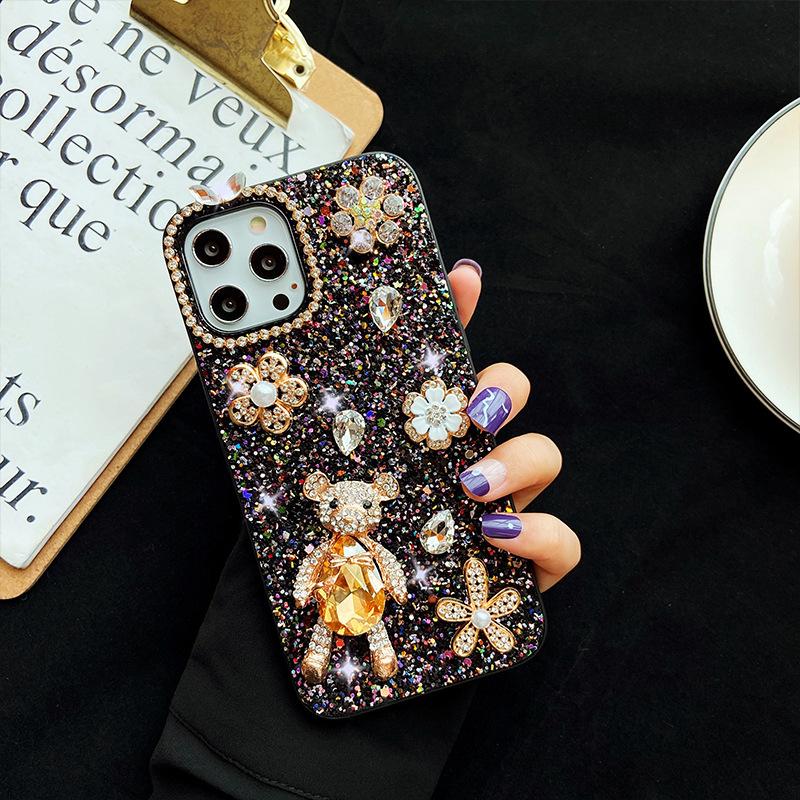 Apple 16Promax Mobile Phone Case Is Suitable For Apple 17 Glitter 14Plus Bear 13Pro Rhinestone Woman
