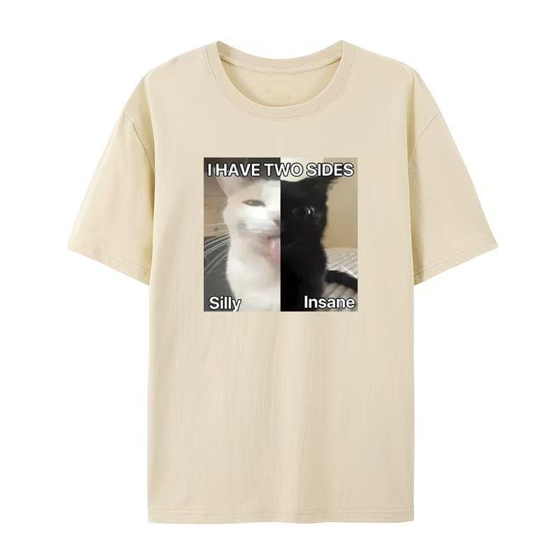 2026 SpringSummer Stupid and Crazy Cat  Printed Retro Cotton Tshirt  High Street Loose Casual Short Sleeve Tshirt Y2k