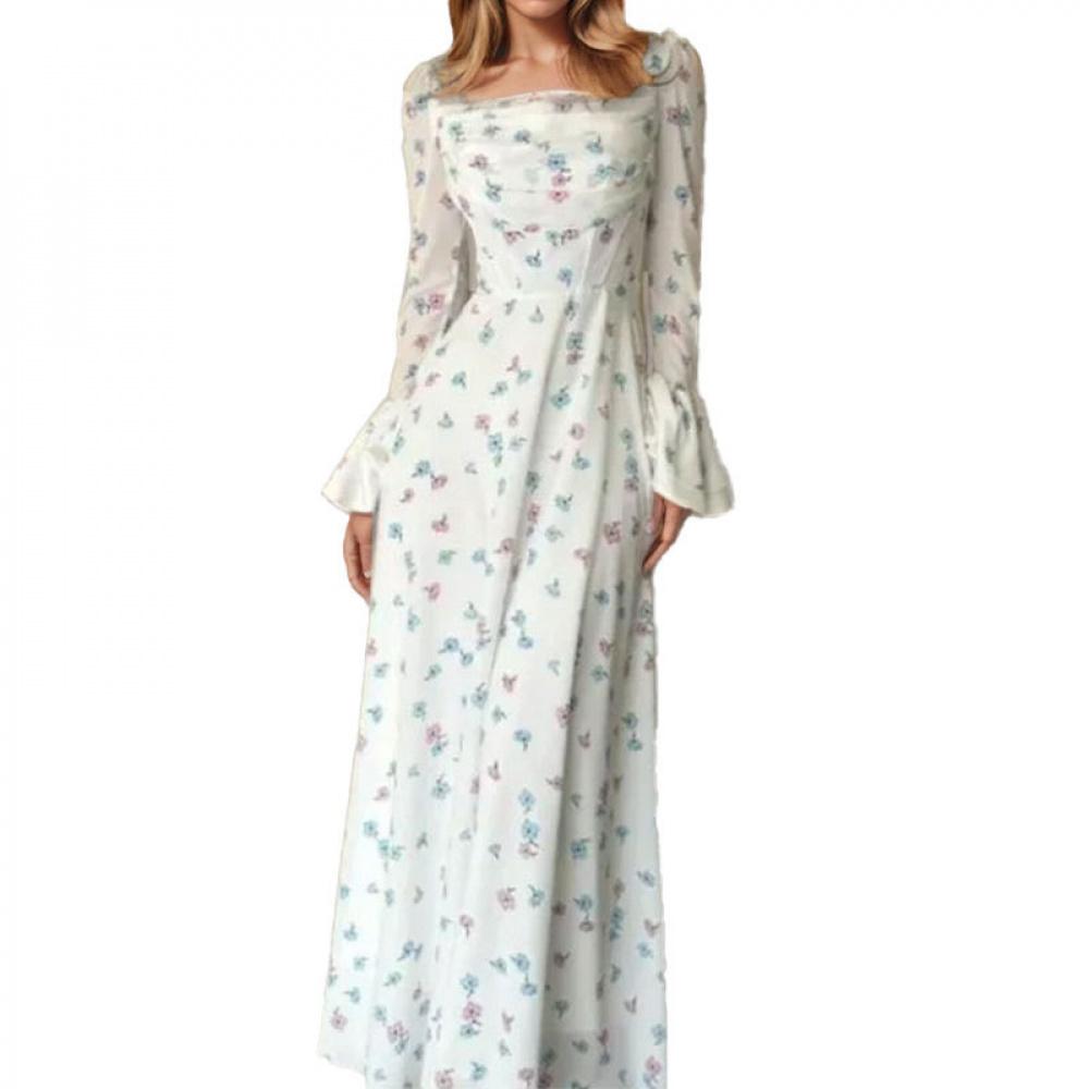 Damen Elegantes Blumiges Raffiniertes Feenhaftes Fließendes Langes Kleid Mit Taille Und Glockenärmeln Kleider Für Mädchen
