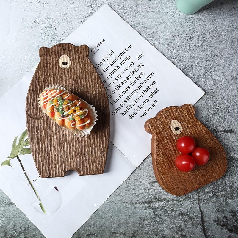 A84X-Wooden Board Cutting Board Cute Bear-Shaped Bread Tray Black Walnut Kitchen Board