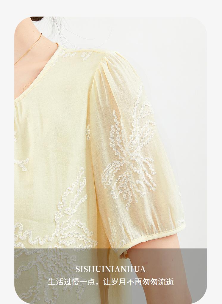 Elegant and slim round neck lace up embroidered short sleeved shirt top