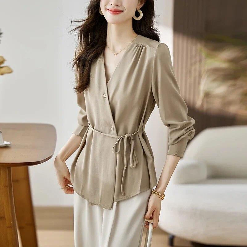 Autumn  Korean Style V-neck Lace-up Blouse Women Elegant Long-sleeve Shirt Women Office Lady Bottoming Tops Woman 29661