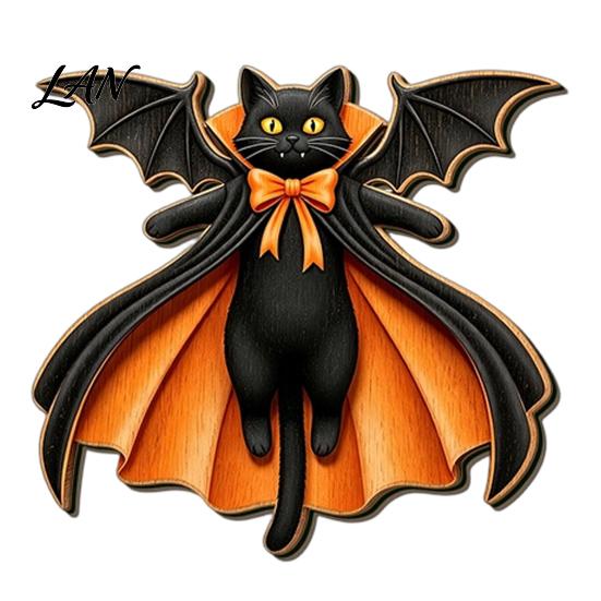 Scary Halloween Signs Black Cat Ghost Door Sign, Decorative Plaque, Wooden Hanging Festival Props Vintage Rustic Decor with Jute Rope, Seasonal