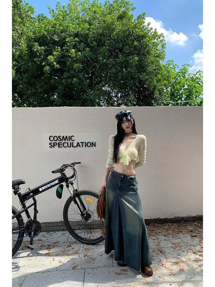 

Женская ретро-синяя джинсовая юбка А-силуэта с высокой талией и разрезом на весну и осень 3XL