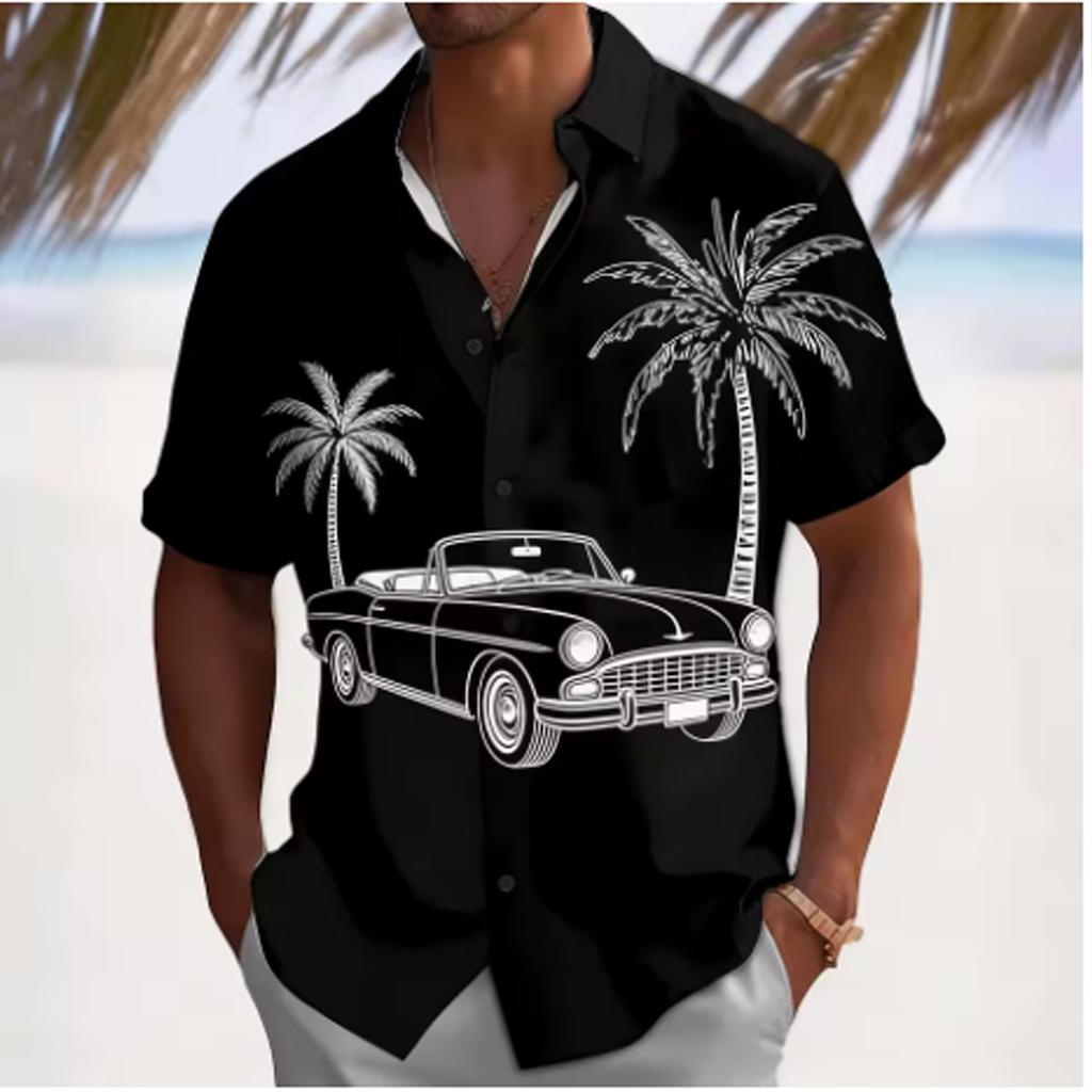 Thin Comfort Short Sleeve Shirts For Men, Relax Fit All Over Tropical & Marine Motif Lapel Tops