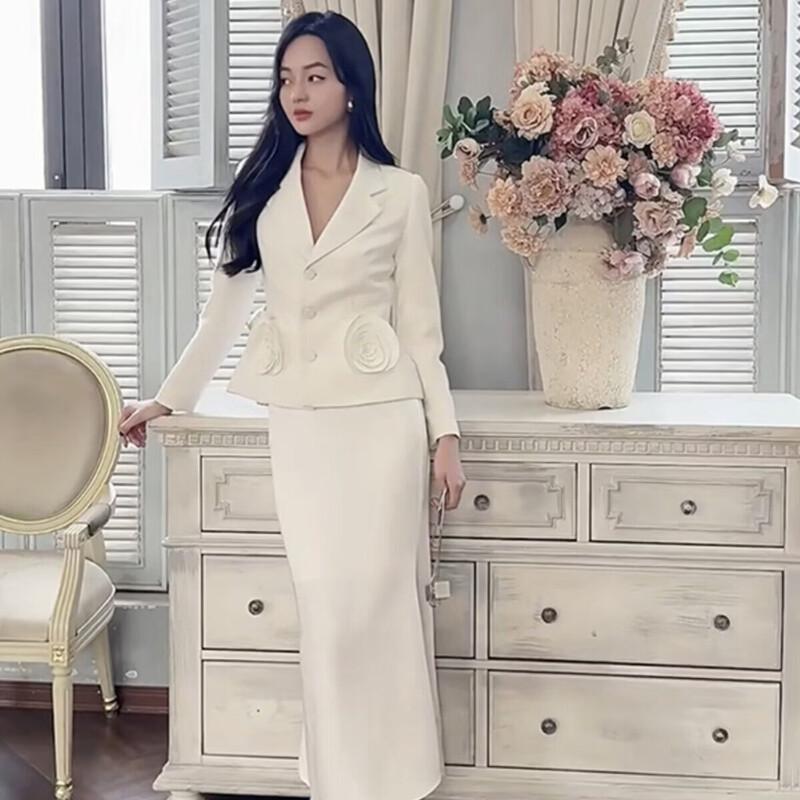 Women s 3D Floral Blazer & Mermaid Skirt Suit Set L
