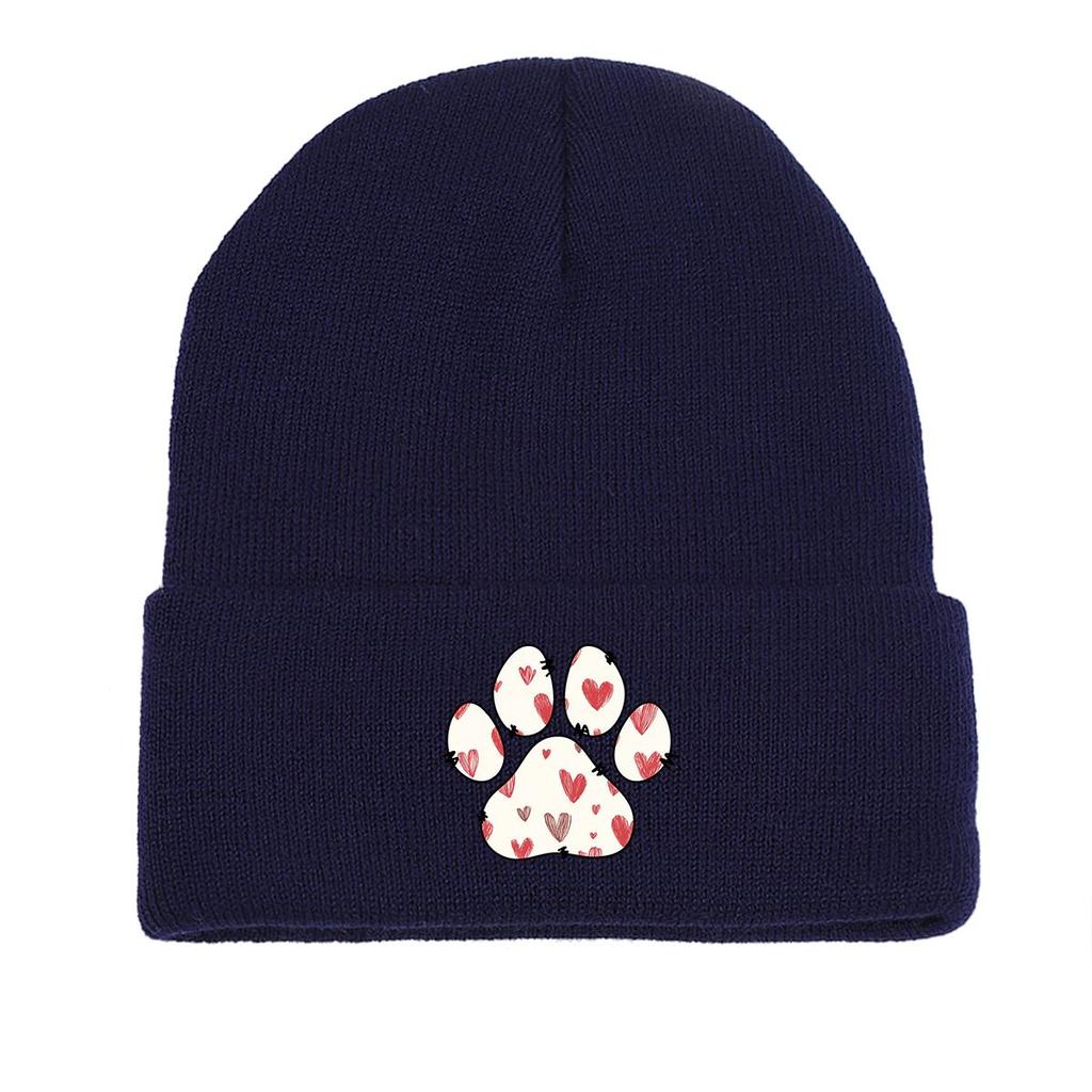 Dog Cat Paw Print Heart Knit Hat Beanie, Valentine's Day "XOXO LOVE KISS", Cozy Stylish Knitted Cap Beanie