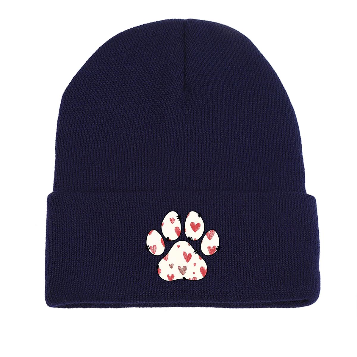 

Dog Cat Paw Print Heart Knit Hat Beanie, Valentine s Day XOXO LOVE KISS , Cozy Stylish Knitted Cap Beanie as the picture темно-синий