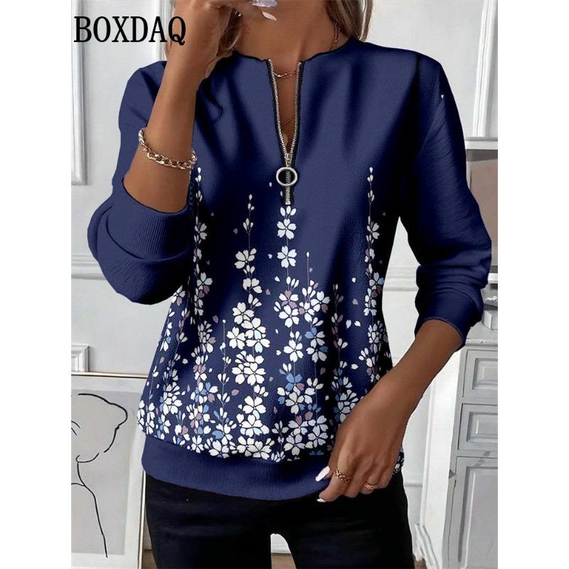 

Flowers 3D Print Hoodies Women Fashion Zipper Long Sleeve Y2k Casual Sweatshirt Autumn Winter Oversized V-Neck Zipper Loose Tops S
