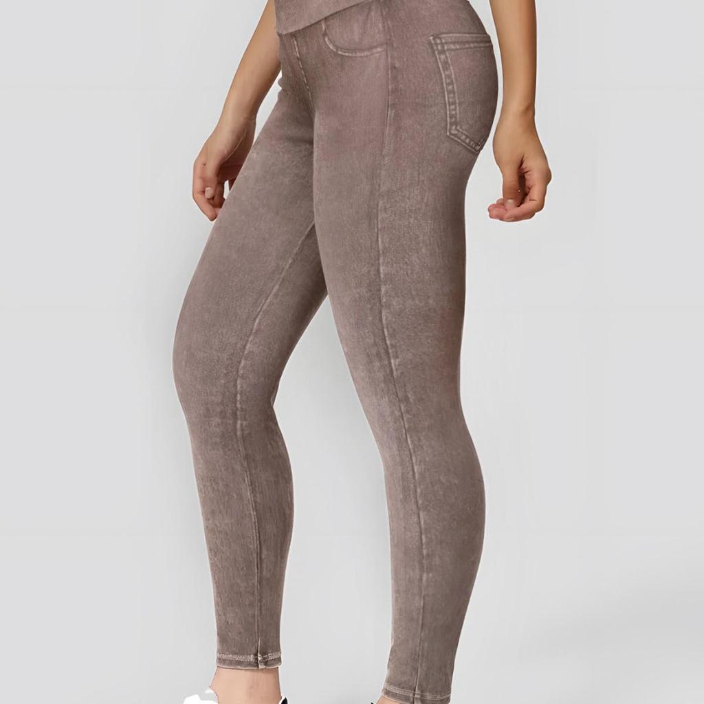 European-Style Faux Denim Yoga Pants: Slimming, High-Waist, Tummy Control, Leg-Lifting, Hip-Enhancing with Pockets.
