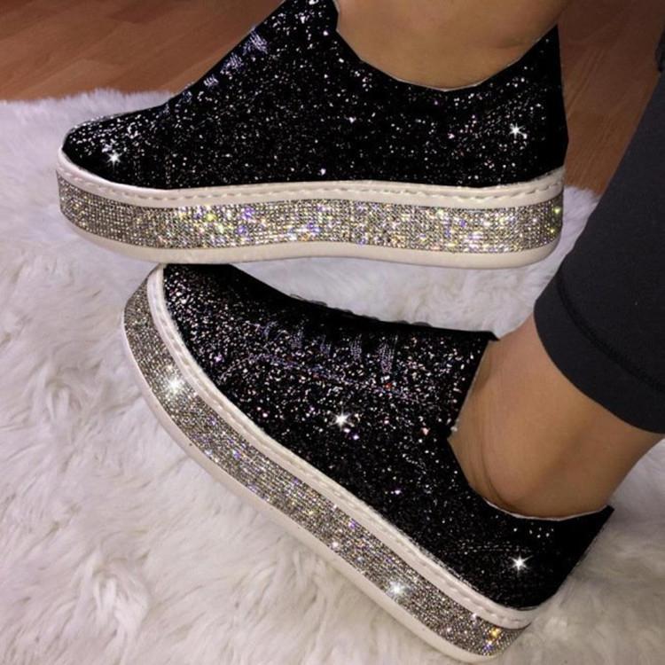 Foreign Trade Large Size Single Shoes Women's European and American Rhinestone Silver Glossy Lace-up Board Shoes Casual Flat Women's Board Shoes