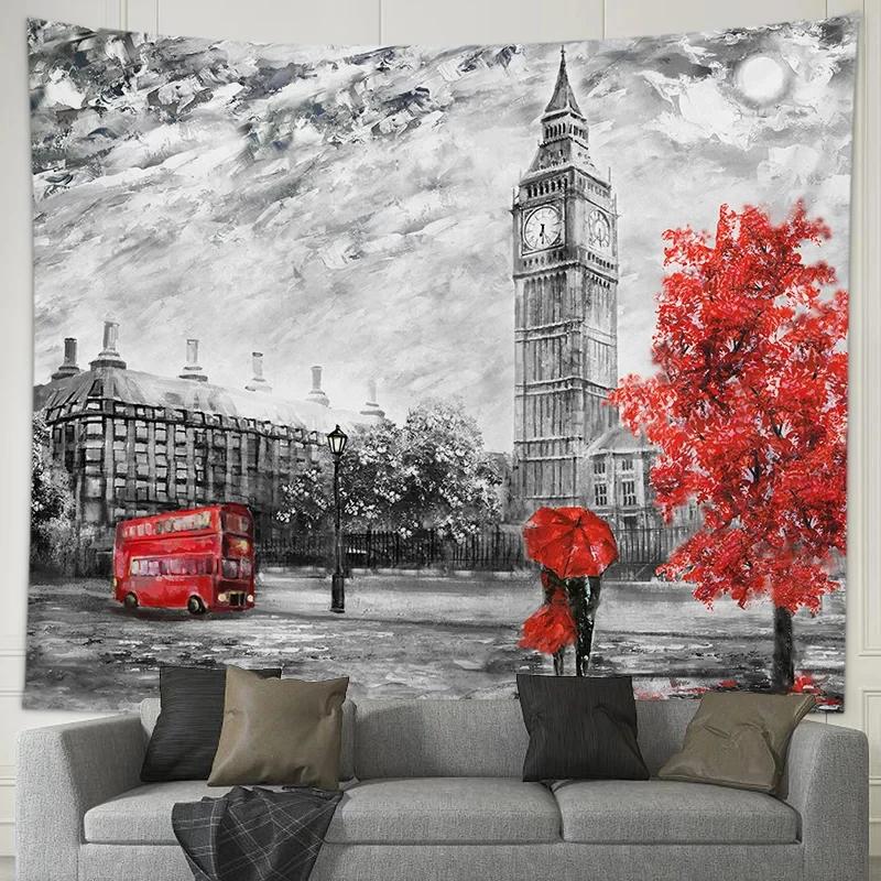 Romantic Couple Lovers Tapestry Eiffel Tower Big Ben Tapestry Wall Hanging Maple Rose Decorated Home Bedroom Living Room Dorm