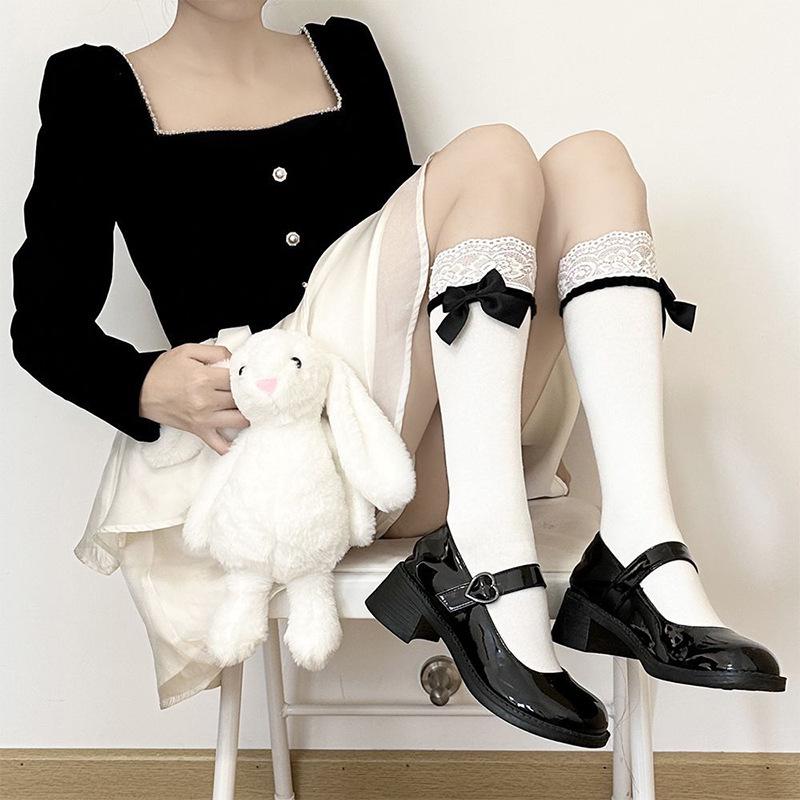 Preppy Lace Trim Knee-High Bow Socks - White Scrunch Style, Japanese JK Sweet Mid-Calf Socks.