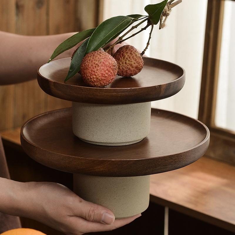 Vintage Japanische Akazienholz Kuchenplatte Heim Dessert Präsentationsständer Keramik Hohe Obstschale