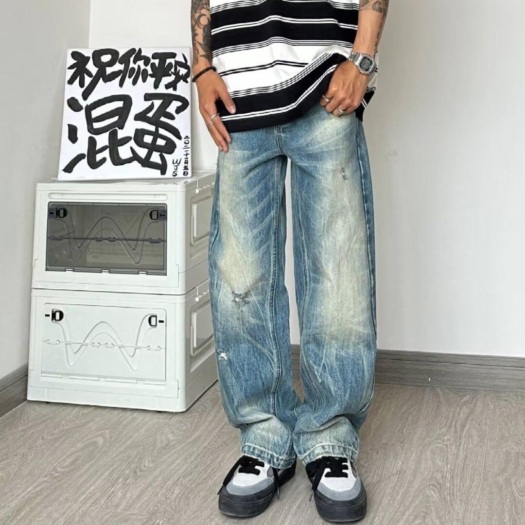 Джинсы JYL мужские синие весна-лето свободные широкие с драпировкой прямые джинсовые M бездна