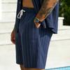 Mens Striped Linen Drawstring Beach Shorts Summer Casual