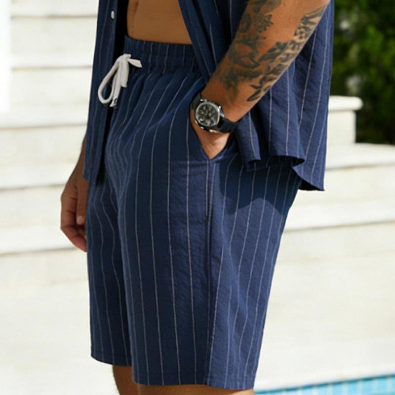 Mens Striped Linen Drawstring Beach Shorts Summer Casual