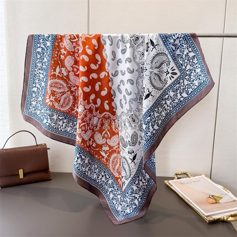 New Spring and Autumn Satin Simulation Silk Large Square Scarf Silk Scarf Printed Travel Shawl Scarf Sunscreen Headscarf Ladies Scarf