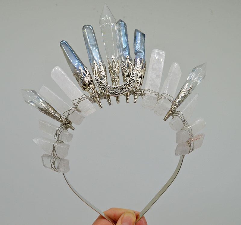 Retro Silver Moon Crystal Glass Crown Headband