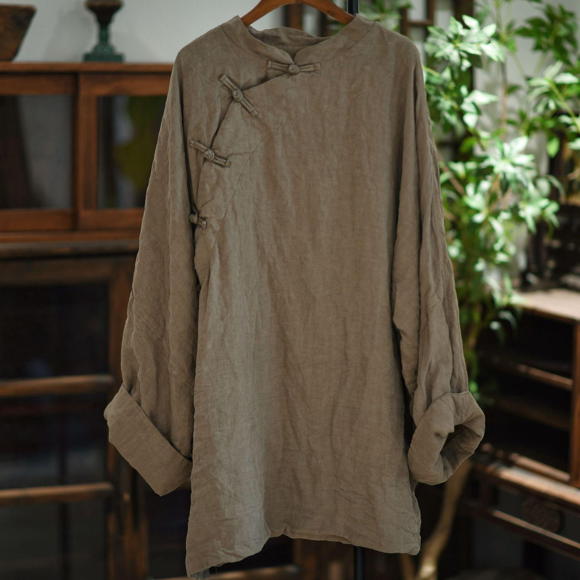 

Johnature Women Vintage Dress Stand Long Sleeve Spring Chinese Style Button Female High Quality Dresses One Size