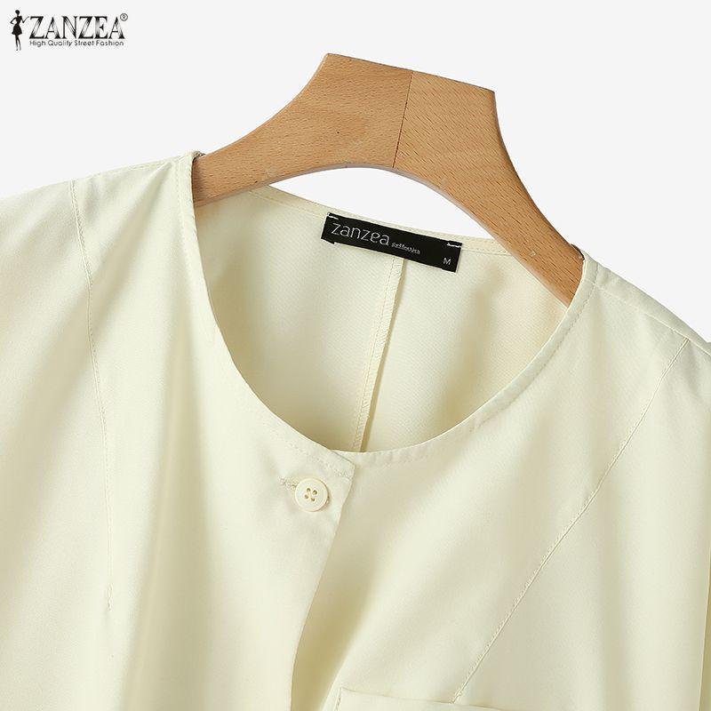 ZANZEA Bluză de damă cu gât rotund, culoare solidă, largă, cu mânecă lungă