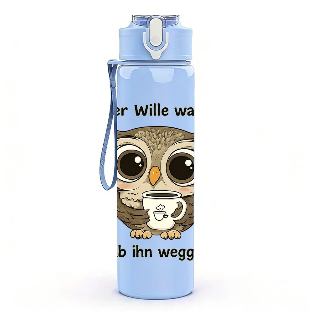 1PC German Text Owl Cartoon Print 750ml Color Plastic Sports Water Bottle Leakproof Flip Straw Lid Suitable for Sports Office Home Use