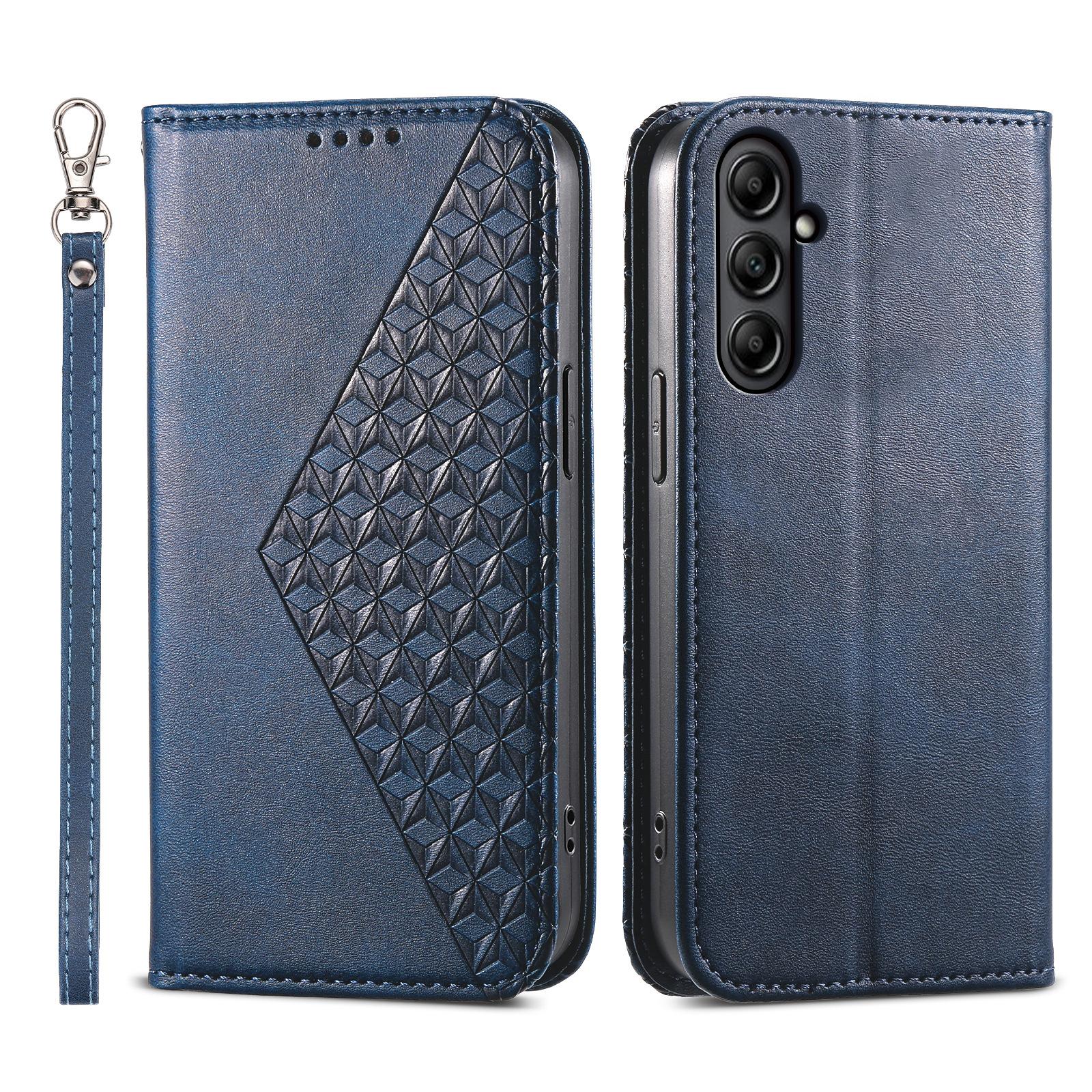 

For Samsung Galaxy A25 5G (Global) (161.0 x 76.5 x 8.3mm) Leather Phone Case Imprinted Rhombus Pattern Wallet Stand Drop Resistant Cover Blue