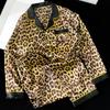 Womens Long Sleeve Pants Pajama Set Leopard Print Ice Silk Loungewear Soft Casual Homewear