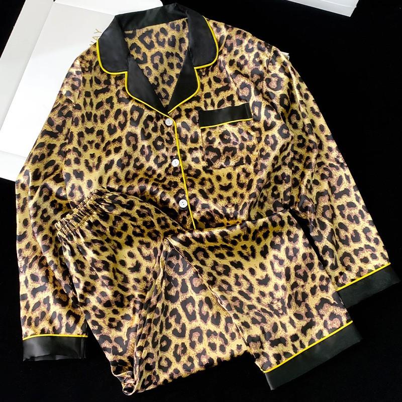 Womens Long Sleeve Pants Pajama Set Leopard Print Ice Silk Loungewear Soft Casual Homewear